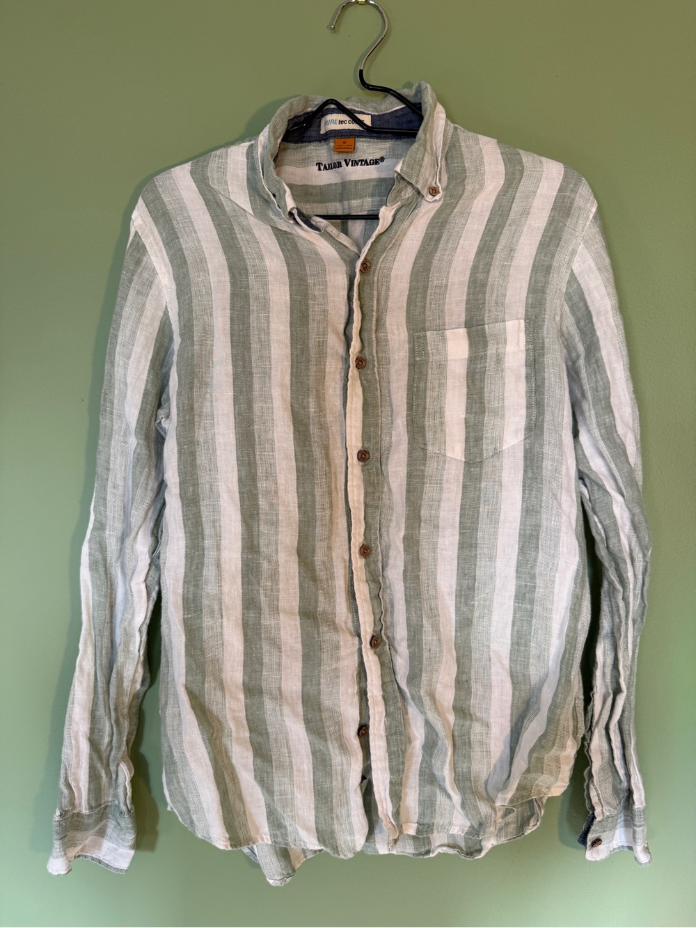 Tailor Vintage Green and White Vertical Stripe Linen Shirt